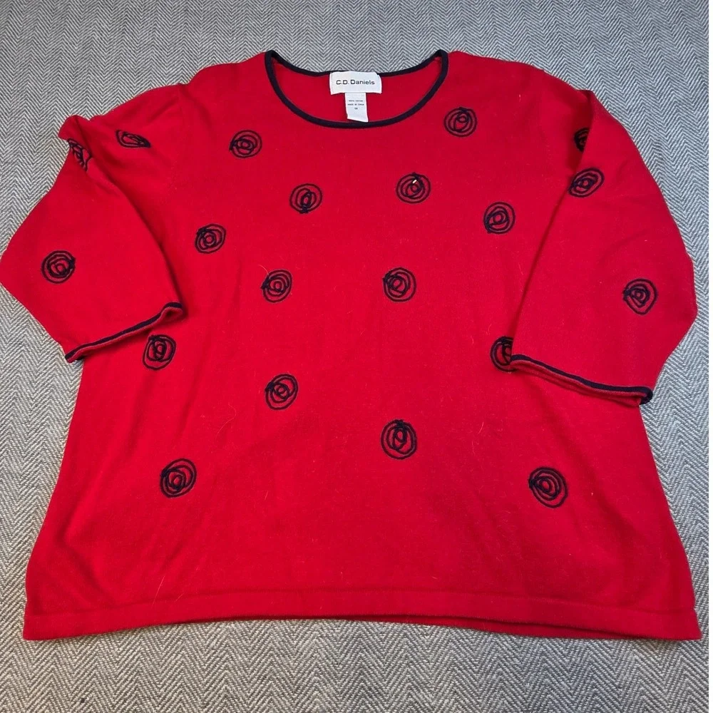 C.D. Daniels Red Cotton Knit Embroidered Swirl 3/4 Sleeve Sweater 1X